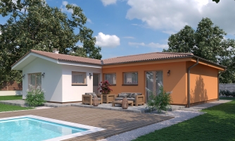 Hausprojekt mit L-förmigem Grundriss und Garage.